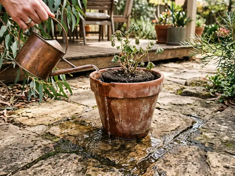 Water from a watering can running out of a terracotta pot of dried potting mix onto the paving