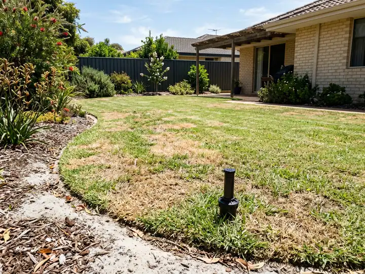 Perth backyard lawn with straw-coloured dry patches next to a pop-up sprinkler
