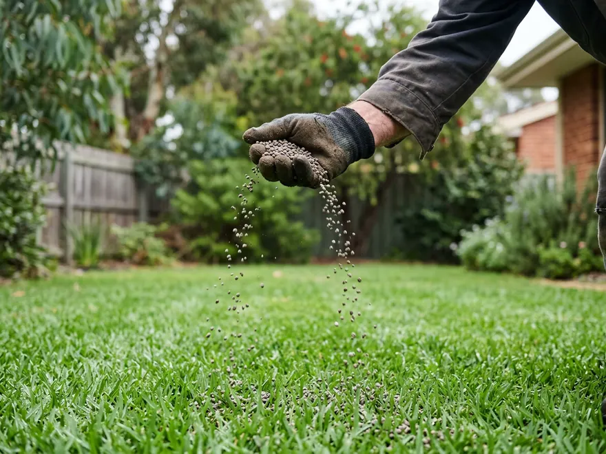 Gloved hand spreading soil wetter granules evenly over a green lawn