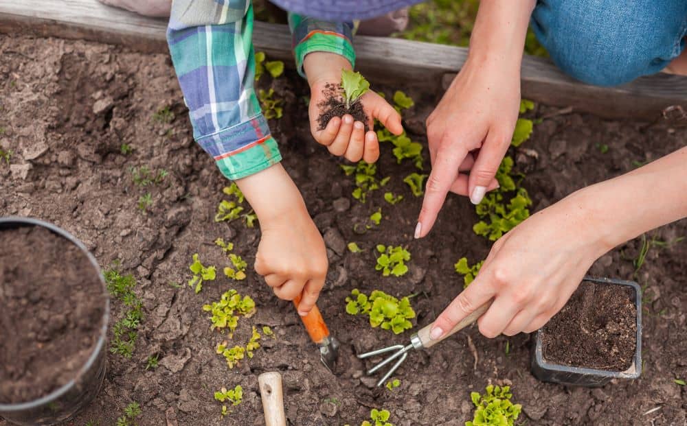 Mother and daughter gardening.