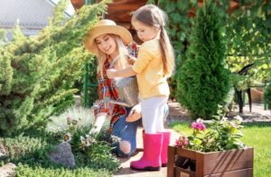 Mother and daughter gardening.