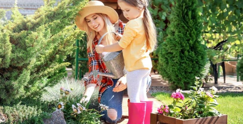 Mother and daughter gardening.