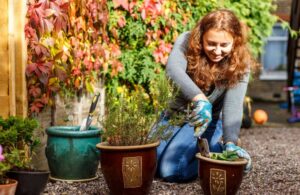 Woman gardening in autumn.