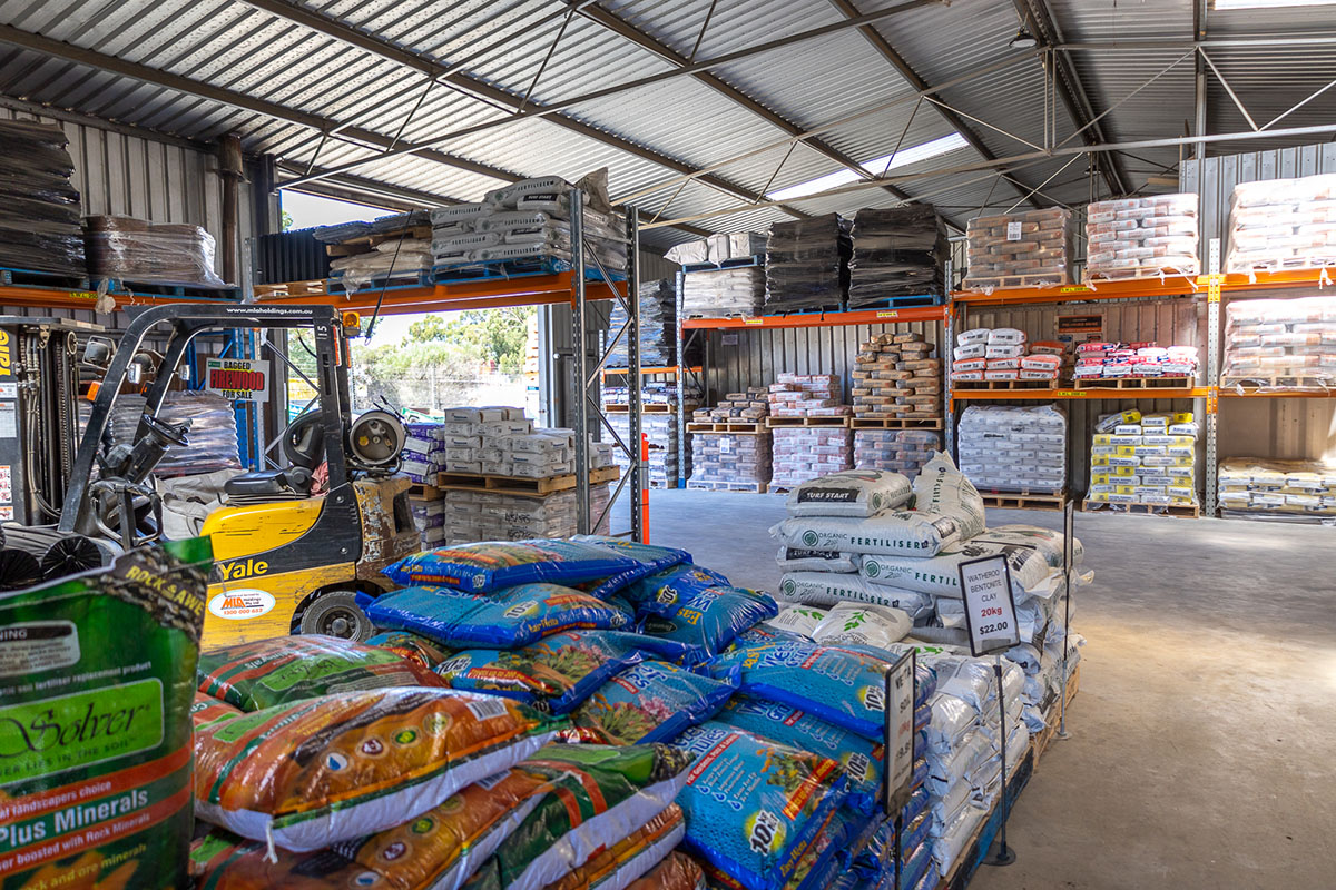 Bagged products at Bibra Lake Soils warehouse in Perth