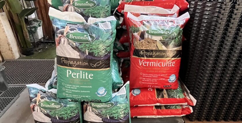 Bags of perlite and vermiculite stacked next to each other at Bibra Lake Soils