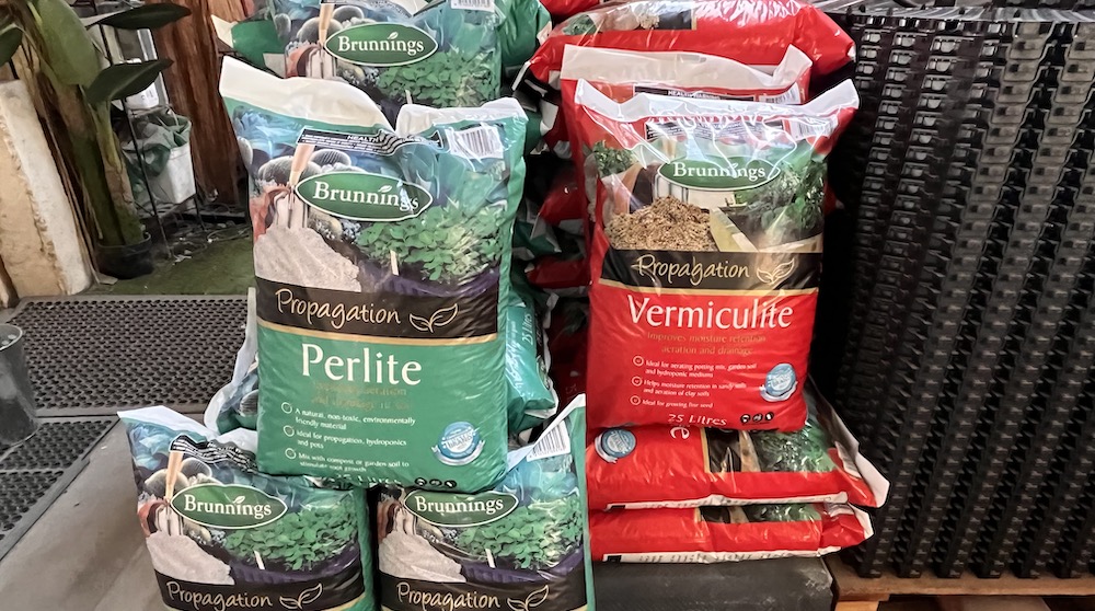Bags of perlite and vermiculite stacked next to each other at Bibra Lake Soils